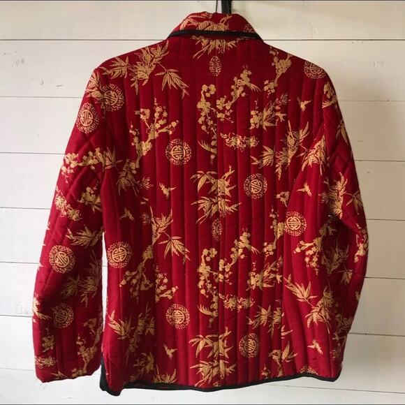 Carole Little S Asian Motif Red Silk Quilted Lightweight Button-Front Jacket - Picture 6 of 9